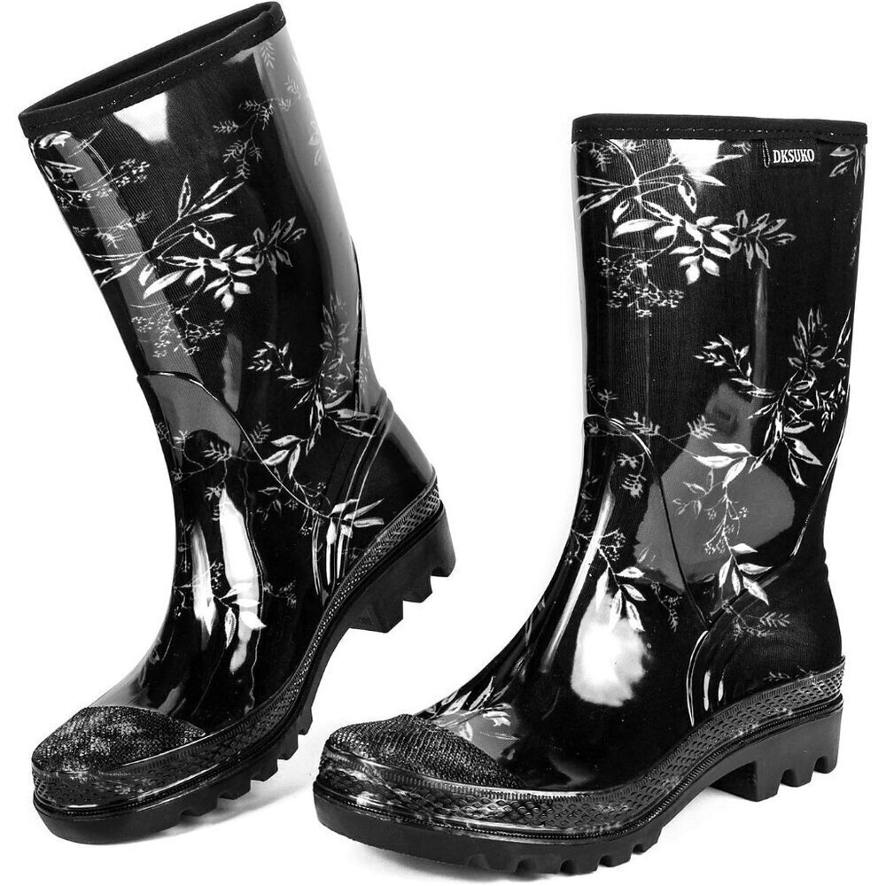 Women's Black Leaves Lightweight Rubber Fashion Wide Calf Waterproof Rain Boots